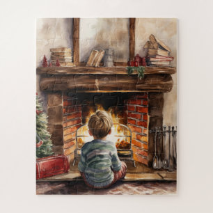 Festlicher Weihnachtsjunge Kamin Aquarell Puzzle