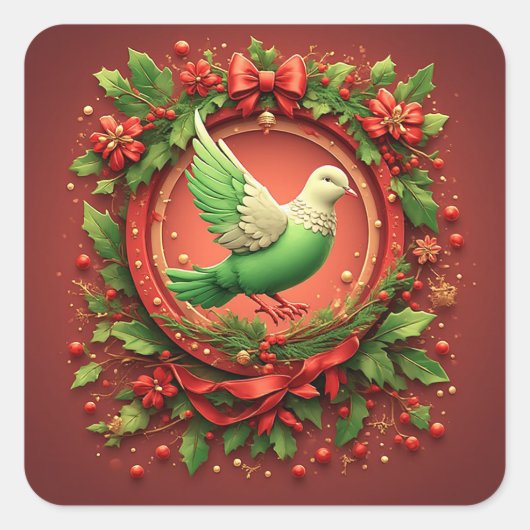 Festlicher Weihnachtskranz mit grüner Taube Quadratischer Aufkleber (Vorderseite)