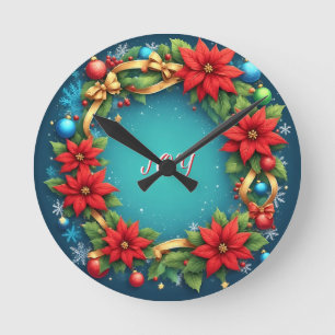 Festlicher Weihnachtskranz mit roten Poinsettien Runde Wanduhr