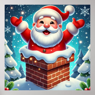 Festlicher Weihnachtsmann, der aus dem Schornstein Poster