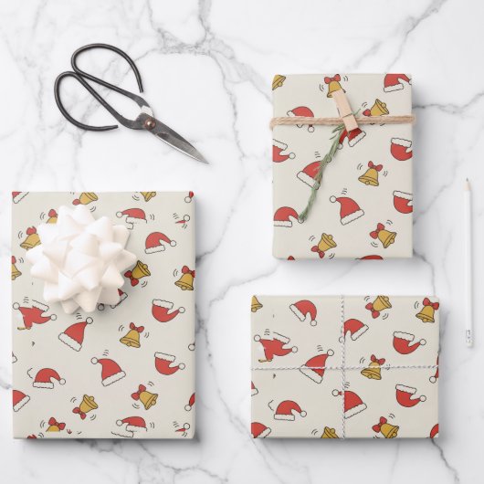 Festlicher Weihnachtsmann-Hut und Schellenmuster Geschenkpapier Set (Vorderseite)