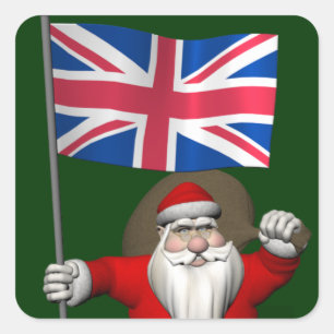 Festlicher Weihnachtsmann mit Flagge Quadratischer Aufkleber