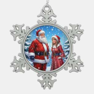 Festlicher Weihnachtsmann und Frau Claus Schneeflocken Zinn-Ornament