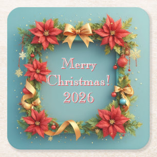 Festlicher Weihnachtsrahmen verziert mit Poinsetti Rechteckiger Pappuntersetzer