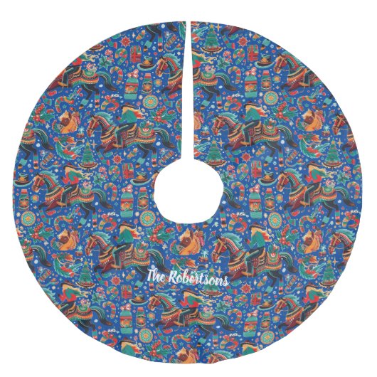 Festlicher Western Cowgirl Blue Christmas Polyester Weihnachtsbaumdecke (Vorderseite)