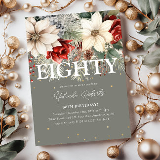 Festlicher Winter Florals 80. Geburtstag Einladung