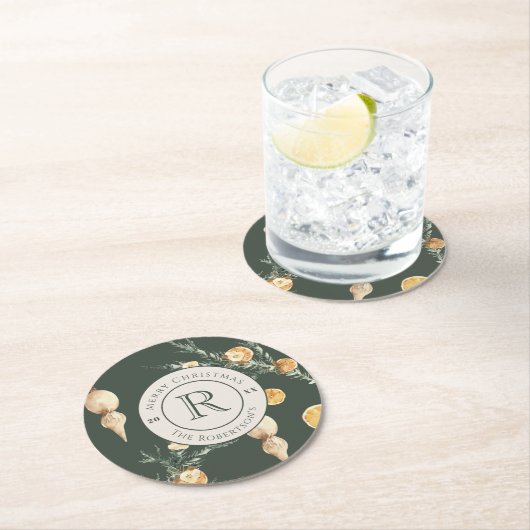 Festlicher Wintergarten: Chic Watercolor Mit Monog Runder Pappuntersetzer (Vor Ort)