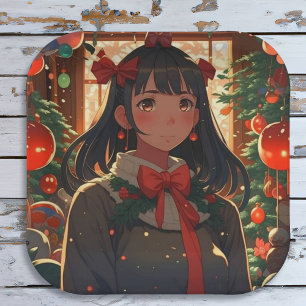 Festliches Anime-Mädchen in der Weihnachtsnacht Pappteller