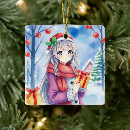 Festliches Anime-Mädchen in Whimsical Village Weih Keramikornament (Baum)