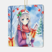 Festliches Anime-Mädchen in Whimsical Village Weih Keramikornament (Links)