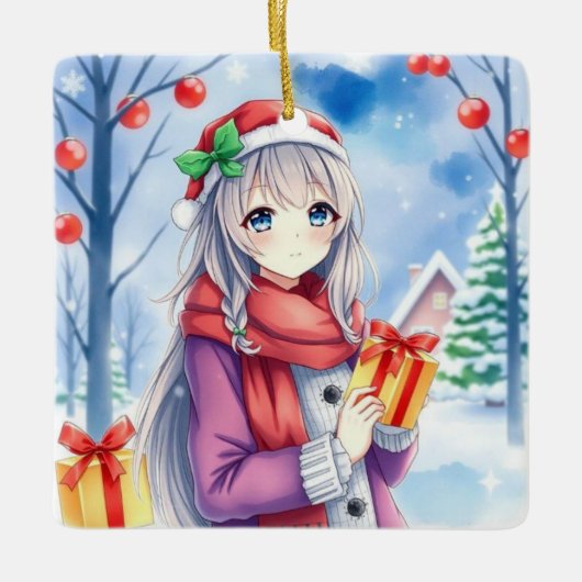 Festliches Anime-Mädchen in Whimsical Village Weih Keramikornament (Vorderseite)