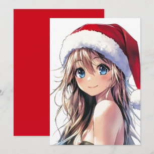 Festliches Anime-Mädchen mit Weihnachtsmannmütze u Feiertagskarte