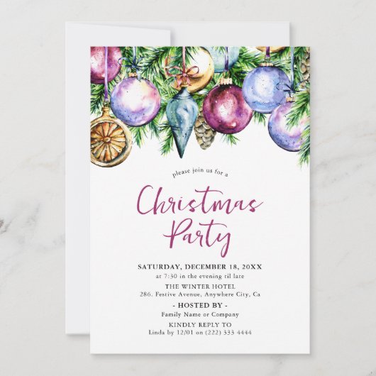 Festliches Bauble Watercolor Weihnachtsfest Party Einladung (Vorderseite)