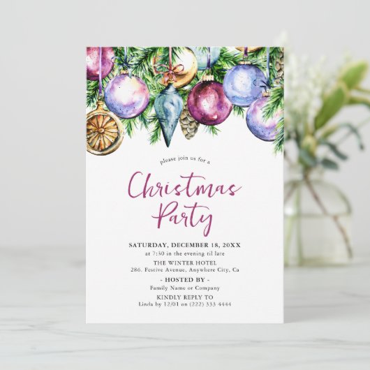 Festliches Bauble Watercolor Weihnachtsfest Party Einladung (Stehend Vorderseite)