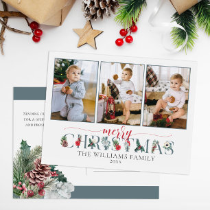 Festliches Blattwerk Frohe Weihnachten Floral 3-Fo Postkarte