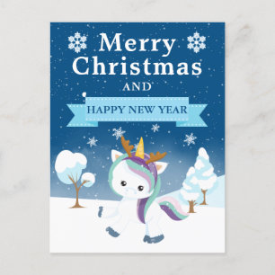 Festliches Blau Lila und Weiß Weihnachts Einhorn Feiertagspostkarte