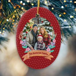 Festliches Blumenreath Weihnachten Rotes Foto Keramik Ornament