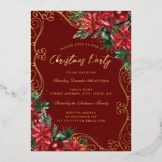 Festliches Blumenwirbel Rotes Grün Weihnachtsfest Folieneinladung (Vorderseite)