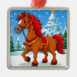 Festliches Cartoon-Pferd im Weihnachtswunderland Ornament Aus Metall