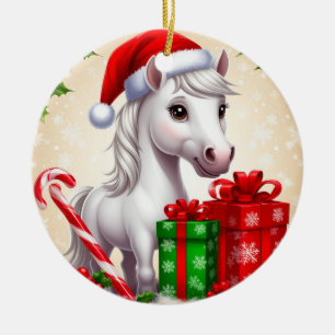 Festliches Cartoon-Pferd mit Weihnachtsmannmütze u Keramik Ornament