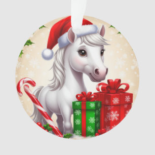 Festliches Cartoon-Pferd mit Weihnachtsmannmütze u Ornament