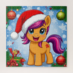 Festliches Cartoon-Pony mit Weihnachtsmannmütze  Puzzle