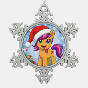 Festliches Cartoon-Pony mit Weihnachtsmannmütze Schneeflocken Zinn-Ornament
