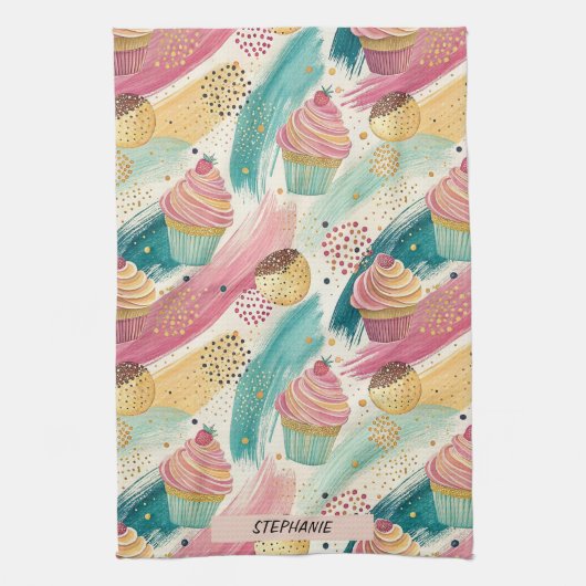 Festliches Cupcake & Brushstroke Celebration Patte Geschirrtuch (Vertikal)