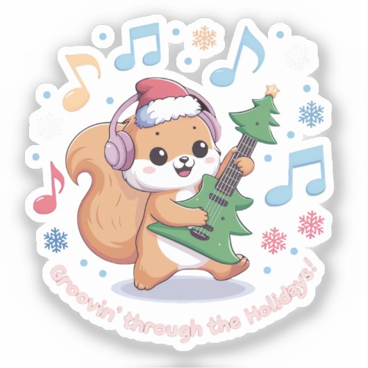 Festliches Eichhörnchen Gitarre spielen umgeben vo Aufkleber (Vorderseite)