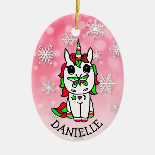 Festliches Einhorn mit Schmetterling an Weihnachte Keramik Ornament (Vorne)