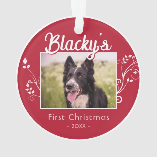 Festliches erstes Weihnachts Welpe Foliage Rotes F Ornament (Rückseite)