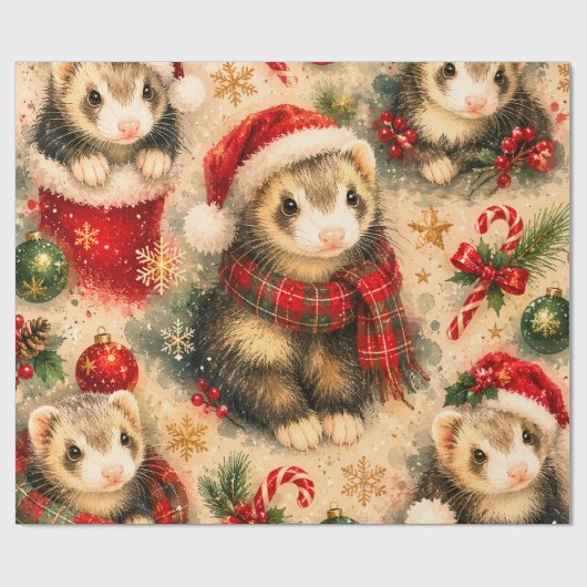 Festliches Frettchen mit Schal Weihnachtspapier Geschenkpapier (Flach)