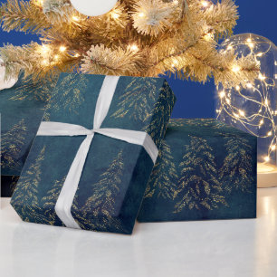 Festliches Gold Weihnachtsbäume Blau Mitternacht Geschenkpapier