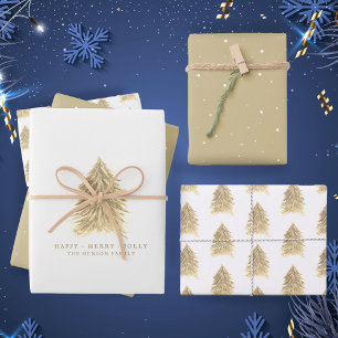 Festliches goldenes Weihnachtsbaum-Wasserfarben-Fe Geschenkpapier Set