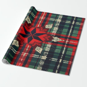 Festliches Grün, Rot und Beige Karo mit Sternzentr Geschenkpapier