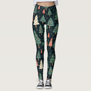 Festliches Grün und Korallen-Weihnachtsbaum-Muster Leggings