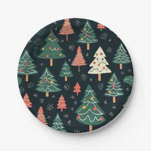 Festliches Grün und Korallen-Weihnachtsbaum-Muster Pappteller