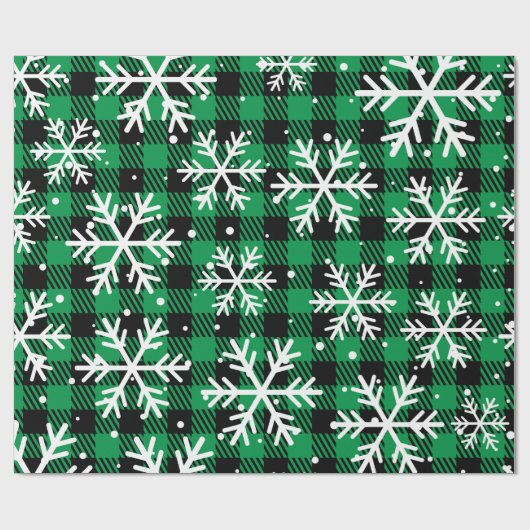 Festliches grünes Karo-Schneeflocken-Buffalo-Check Geschenkpapier (Flach)
