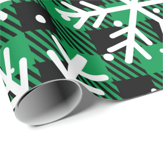 Festliches grünes Karo-Schneeflocken-Buffalo-Check Geschenkpapier (Rolleneckpunkt)