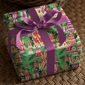 Festliches grünes retro-buntes Weihnachtsglocken Geschenkpapier