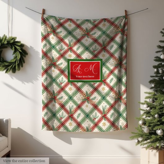 Festliches grünes und rotes Tartan-Monogramm-Feier Fleecedecke
