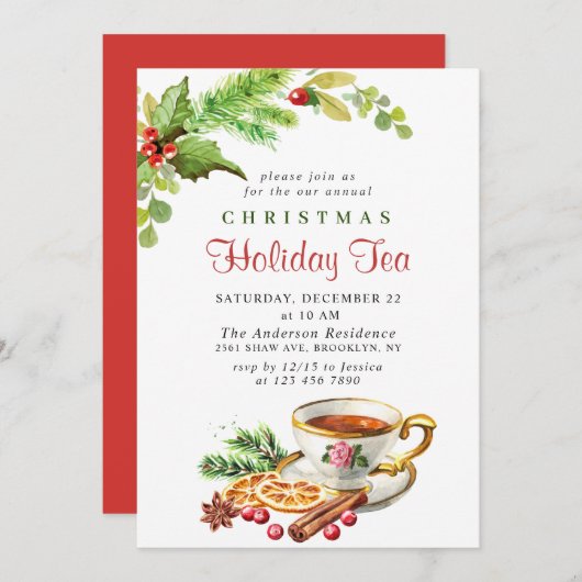 Festliches Holly Berry Weihnachtsfest Tea Party Einladung (Vorne/Hinten)