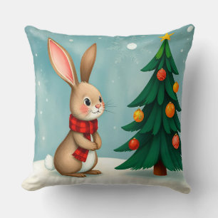 Festliches Kaninchen neben geschmücktem Weihnachts Kissen