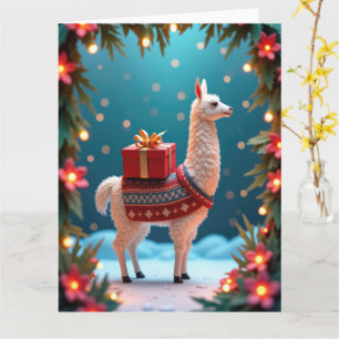 Festliches Lama, das Geschenke in einer schneebede Karte
