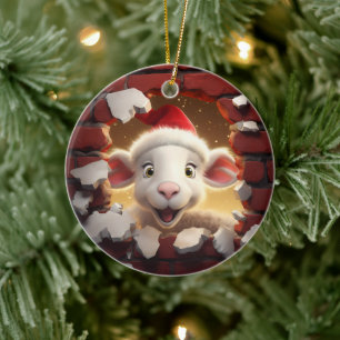 Festliches Lamm im Weihnachtsmann-Hut - 3D Keramik Ornament