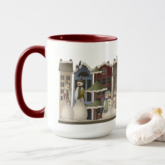 Festliches Land Rustikaler Schneemann Tasse (Mit Donut)