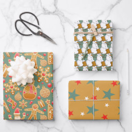 Festliches Lebkuchen, Snowman & Stars Weihnachten Geschenkpapier Set