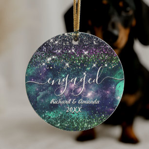 Festliches lila grünes Glitter Verlobt Verheiratet Keramik Ornament