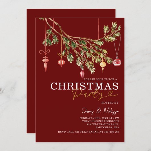 Festliches Maroon Roter Weihnachtsbaum Party Einladung (Vorne/Hinten)