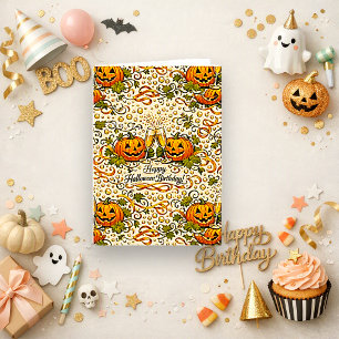 Festliches Orange Vintage-Halloween-Geburtstag Karte